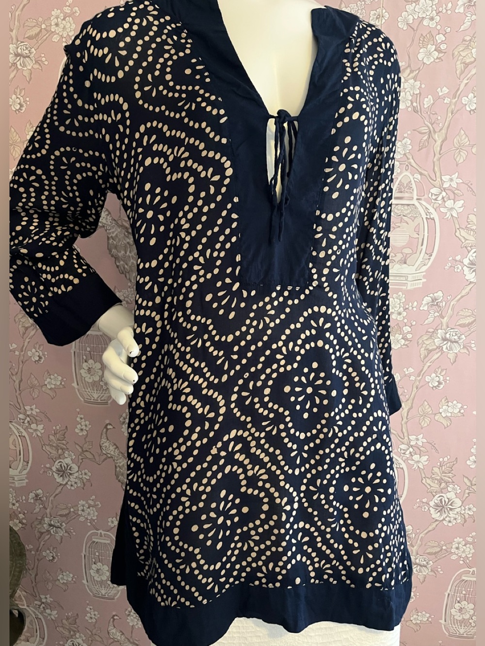 Navy Blue Tunic/ coverup with Cream Dot Pattern